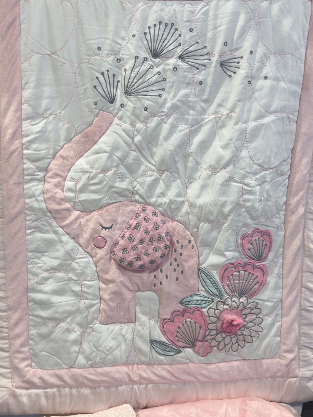 Pink Elephant Quilted Baby Blanket - Cute Nursery Quilt
